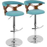 Gardenia Adj Swivel Bar Stool in Walnut, Chrome & Teal Blue Fabric (Set of 2)
